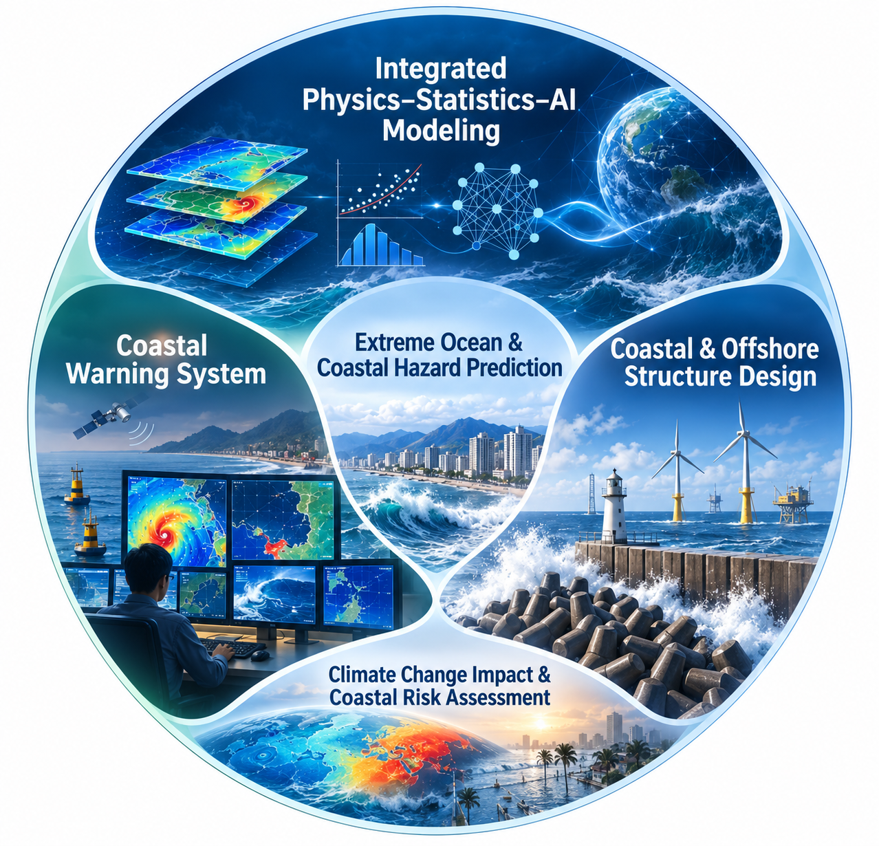 Integrated physics-statistics-AI modeling linking coastal warning systems, hazard prediction, structure design, and climate risk assessment